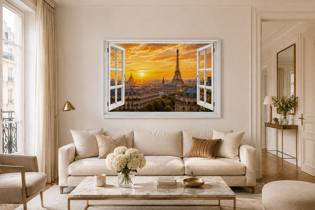 Paris window view wall art showing the Eiffel Tower and Haussmann rooftops at sunset over a sofa.