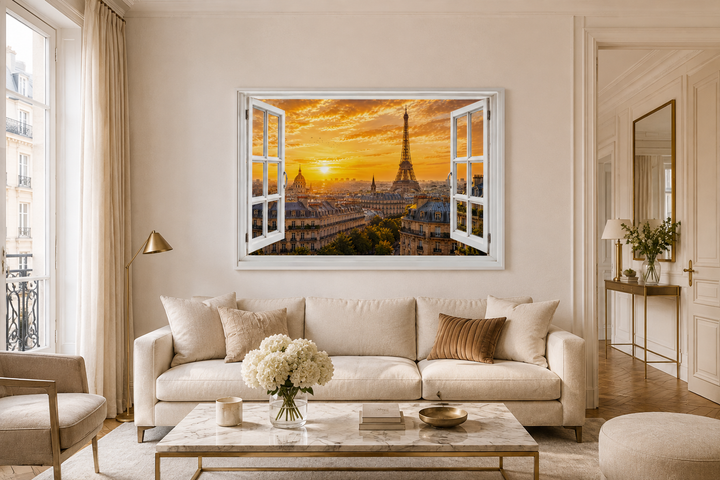 Paris window view wall art showing the Eiffel Tower and Haussmann rooftops at sunset over a sofa.