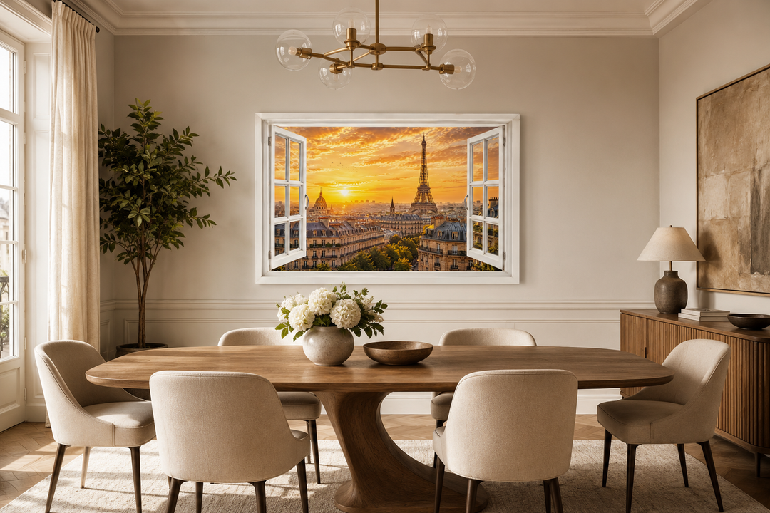 Paris window view wall art with Eiffel Tower and Haussmann rooftops above a dining table.