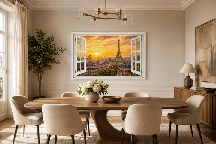 Paris window view wall art with Eiffel Tower and Haussmann rooftops above a dining table.