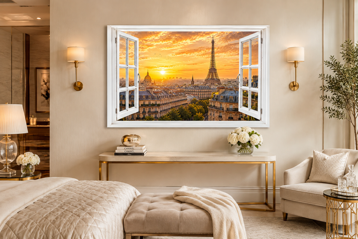 Paris Window View wall art showing the Eiffel Tower and Haussmann rooftops at sunset in a bedroom.