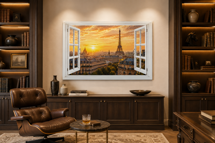 Paris window view wall art with Eiffel Tower and Haussmann rooftops in a classic study room.