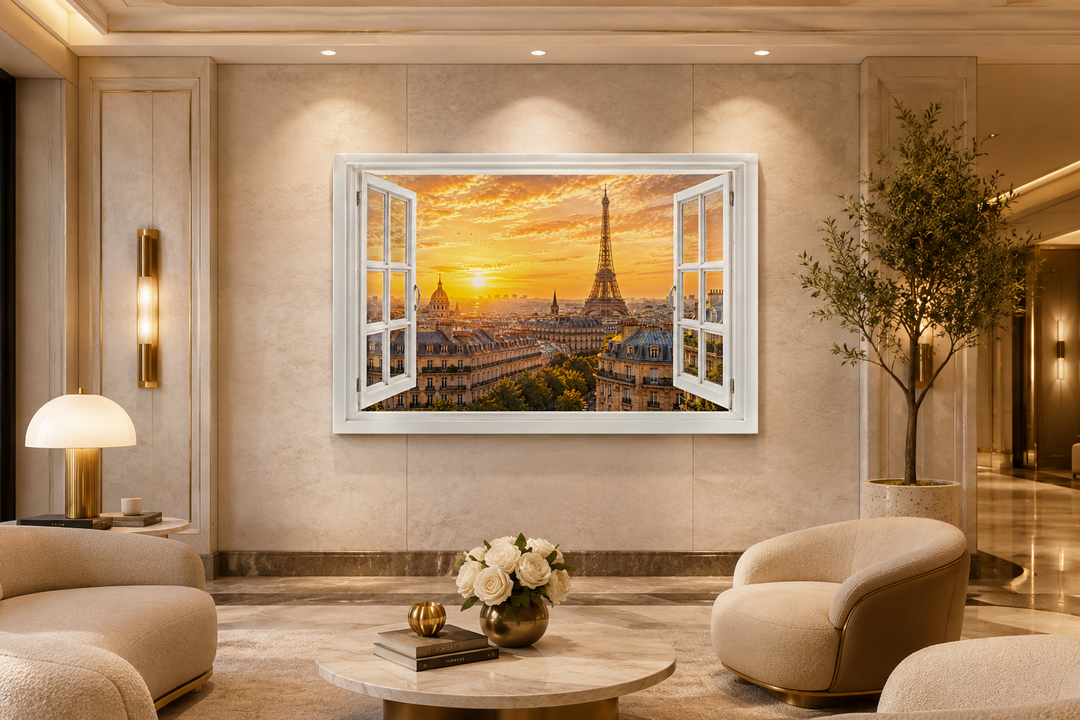 Paris window view wall art showing the Eiffel Tower and Haussmann rooftops at sunset in a room.