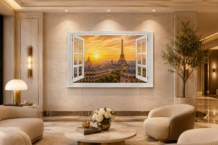 Paris window view wall art showing the Eiffel Tower and Haussmann rooftops at sunset in a room.