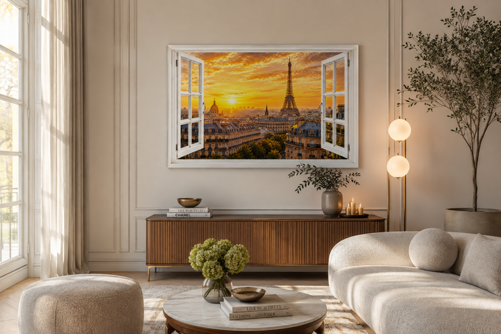 Paris window view wall art featuring the Eiffel Tower and Haussmann rooftops at sunset.