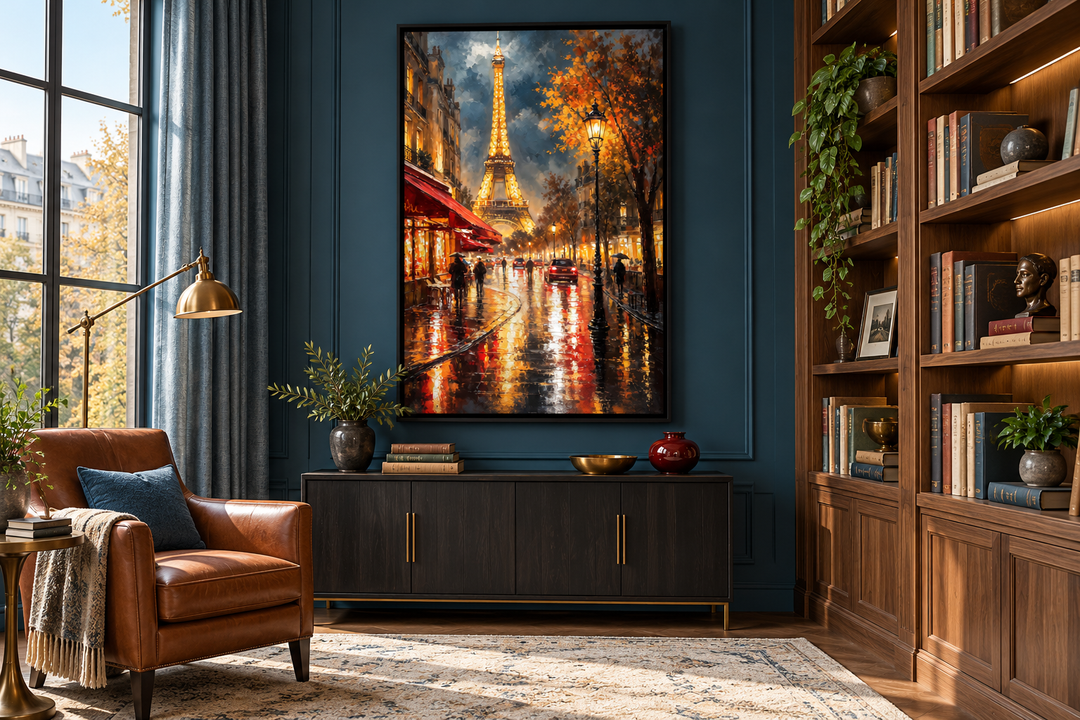 Framed oil painting of a rainy Paris street at night with the Eiffel Tower and glowing streetlights.
