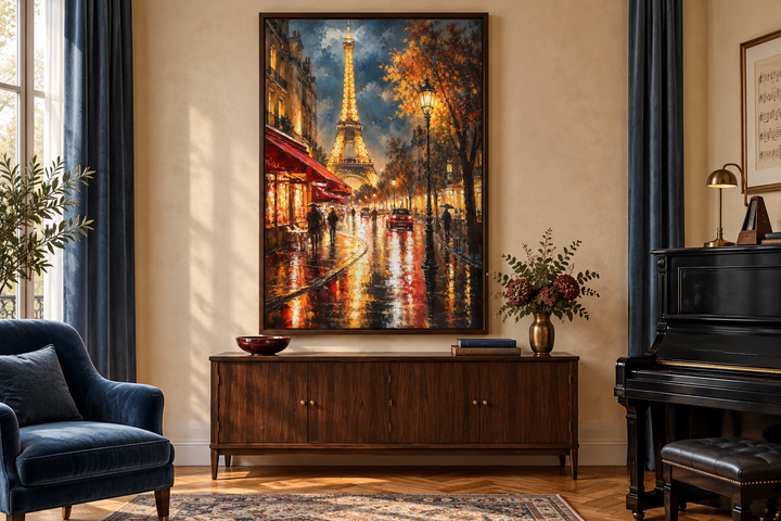 Framed canvas wall art of a rainy Paris street at night with the glowing Eiffel Tower in the back.
