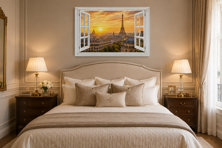 Paris Window View wall art with Eiffel Tower and Haussmann rooftops above a bed in a neutral room.