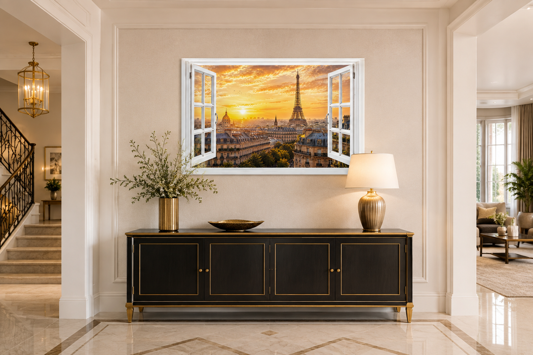 Paris window view wall art with Eiffel Tower and Haussmann rooftops above a black sideboard.