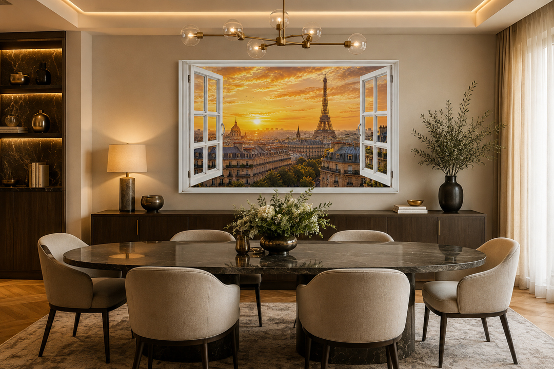 Paris window view wall art showing the Eiffel Tower and Haussmann rooftops at sunset over a table.