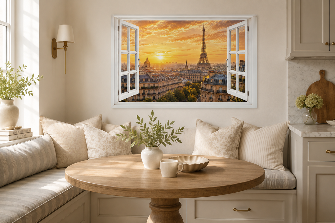Paris window view wall art featuring the Eiffel Tower and Haussmann rooftops at sunset.
