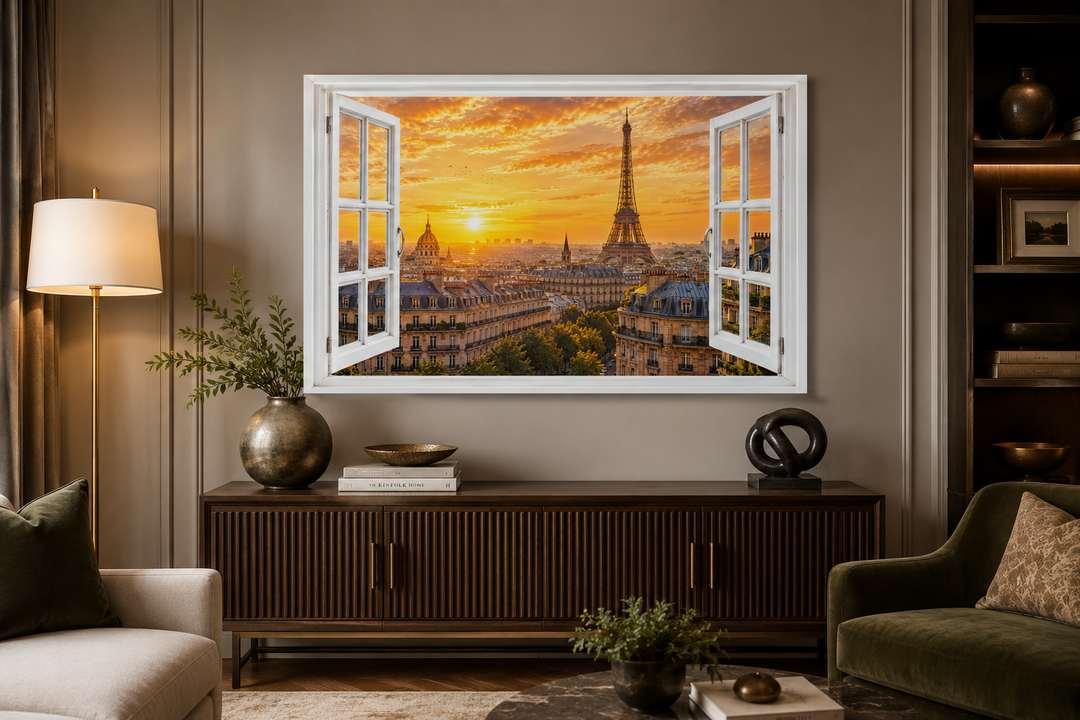 Paris window view wall art featuring the Eiffel Tower and Haussmann rooftops at sunset.