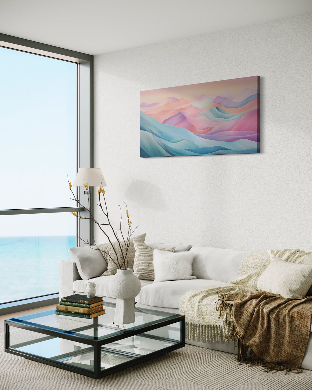 Pastel Canvas Wall Art – Abstract Marble Mountain Painting | Pink Blue Artwork