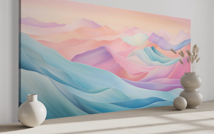 Pastel Canvas Wall Art – Abstract Marble Mountain Painting | Pink Blue Artwork