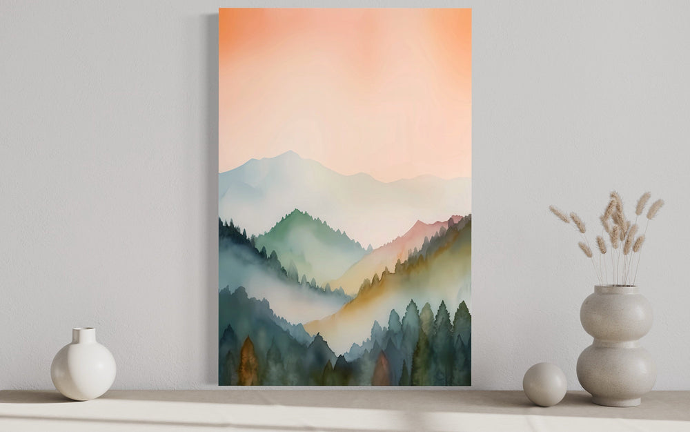 Pastel Mountains Landscape Blush Pink And Green Vertical Framed Canvas Wall Art