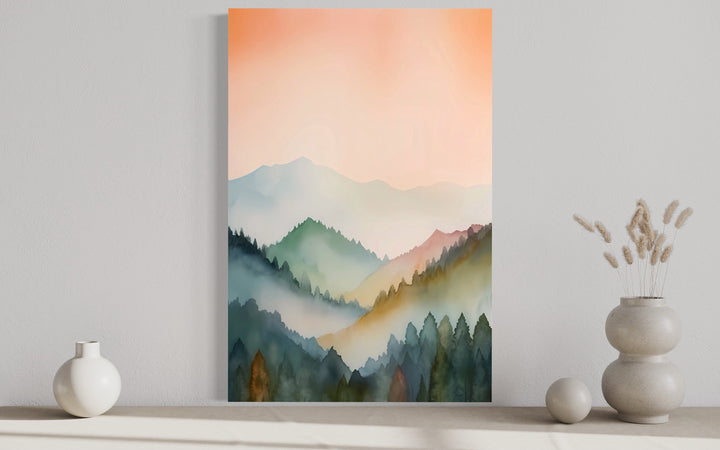 Pastel Mountains Landscape Blush Pink And Green Vertical Framed Canvas Wall Art