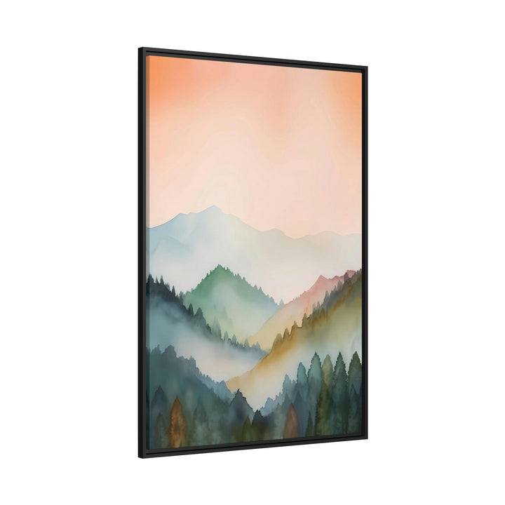 Pastel Mountains Landscape Blush Pink And Green Vertical Framed Canvas Wall Art