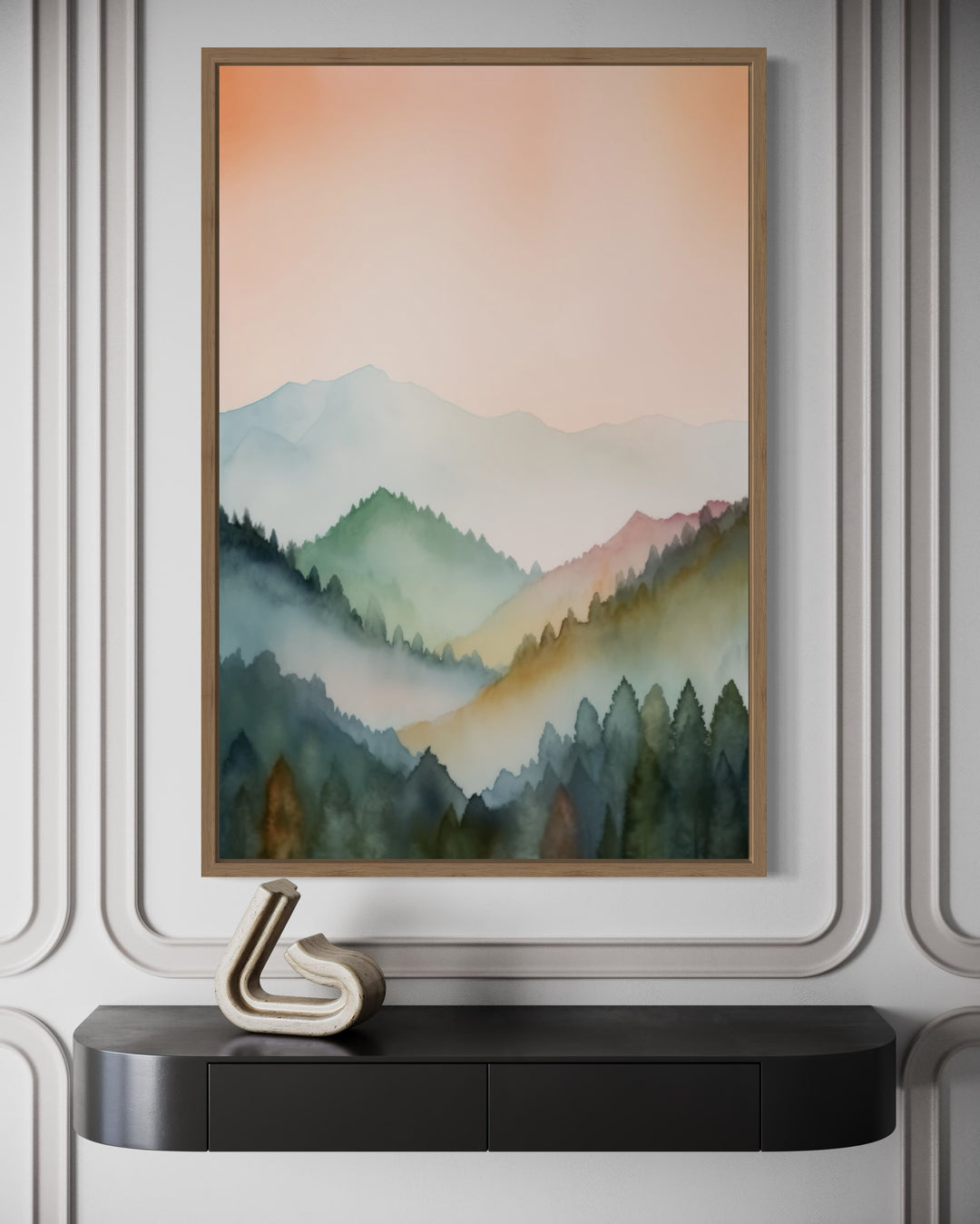 Vertical framed canvas wall art of a pastel mountain landscape in blush pink and green tones.