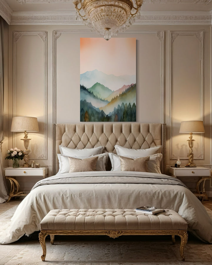 Pastel Mountains Landscape Blush Pink And Green Vertical Framed Canvas Wall Art