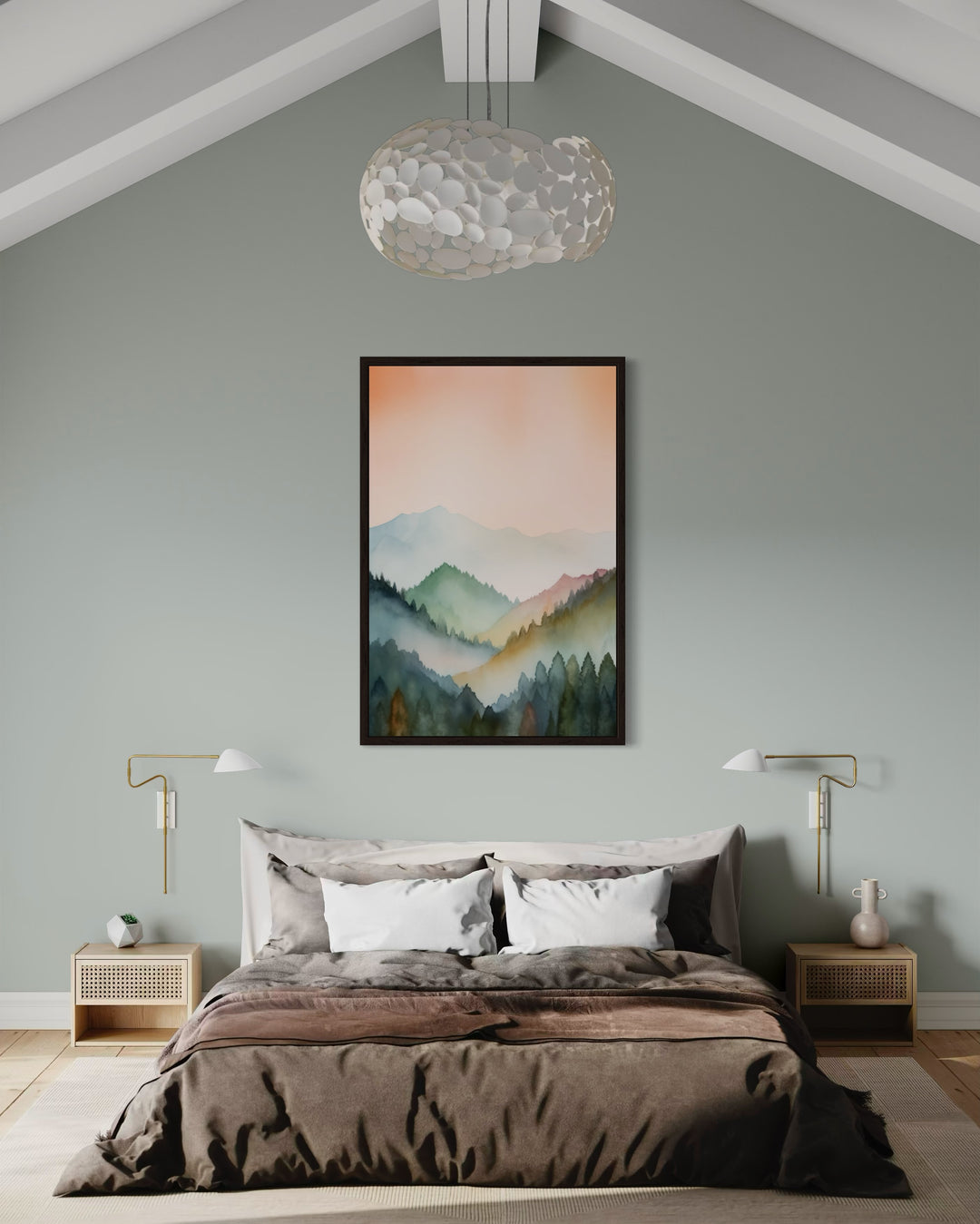 Pastel Mountains Landscape Blush Pink And Green Vertical Framed Canvas Wall Art
