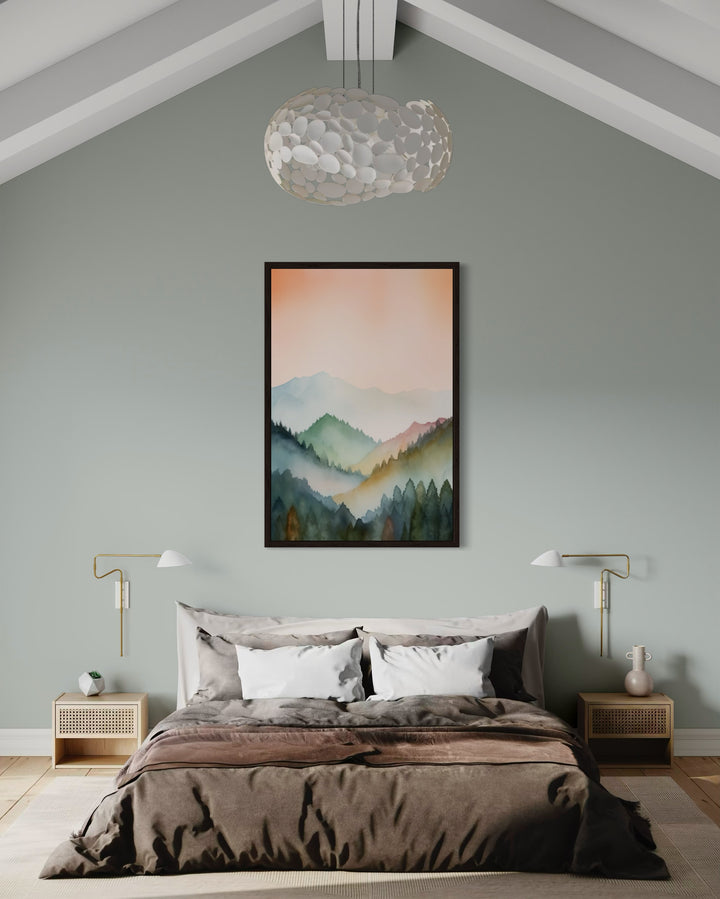 Pastel Mountains Landscape Blush Pink And Green Vertical Framed Canvas Wall Art