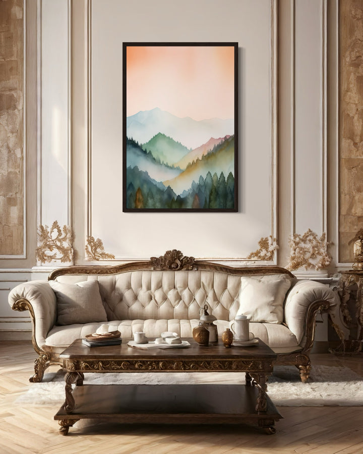 Pastel Mountains Landscape Blush Pink And Green Vertical Framed Canvas Wall Art