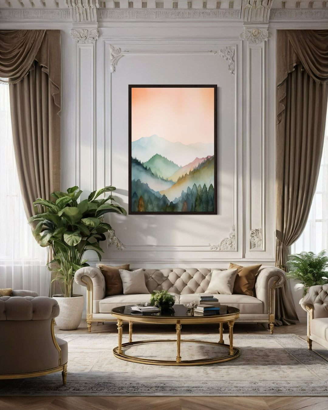 Pastel Mountains Landscape Blush Pink And Green Vertical Framed Canvas Wall Art