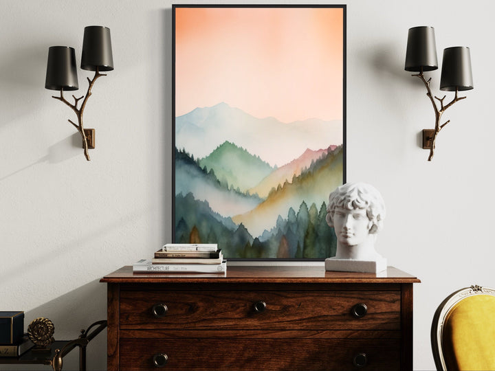 Pastel Mountains Landscape Blush Pink And Green Vertical Framed Canvas Wall Art