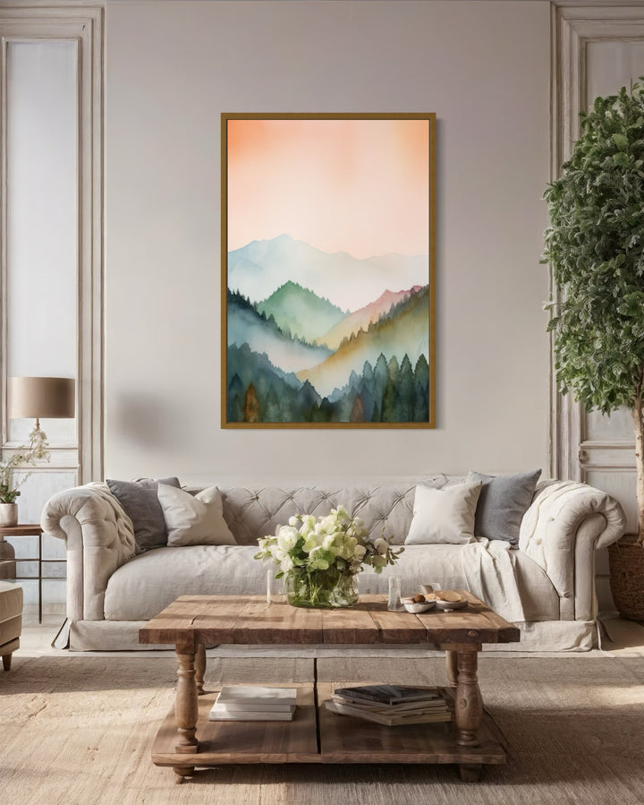 Pastel Mountains Landscape Blush Pink And Green Vertical Framed Canvas Wall Art
