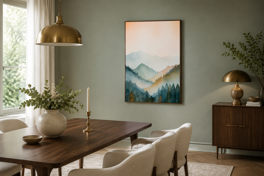 Vertical framed canvas wall art of a pastel mountain landscape in blush pink and green.