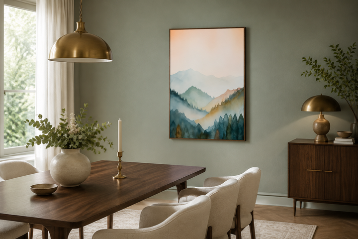 Vertical framed canvas wall art of a pastel mountain landscape in blush pink and green.
