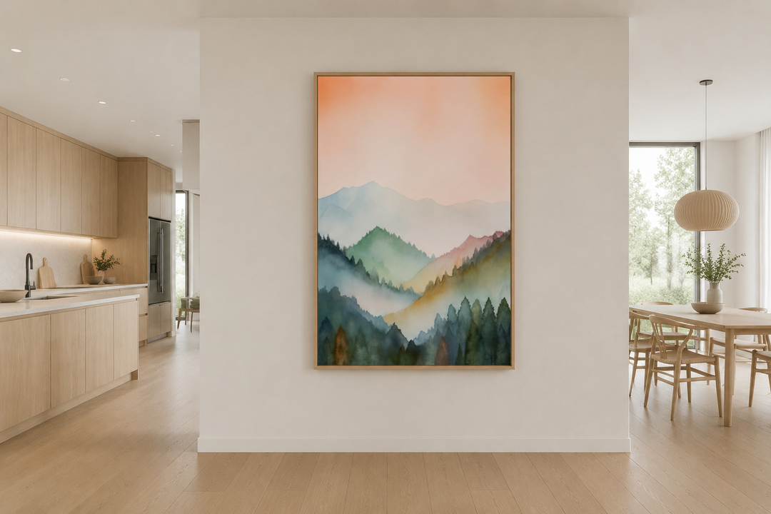 Vertical framed canvas wall art of a pastel mountain landscape in blush pink and green.
