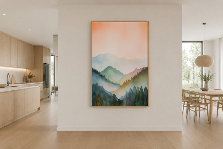 Vertical framed canvas wall art of a pastel mountain landscape in blush pink and green.