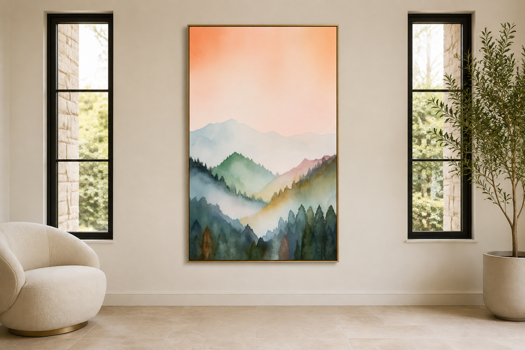 Vertical framed canvas wall art of a pastel mountain landscape in blush pink and green watercolor.