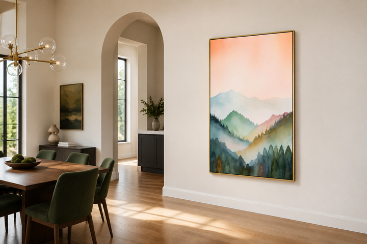 Vertical framed canvas wall art of a pastel mountain landscape in blush pink and green.