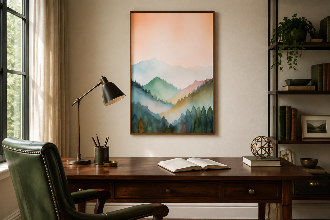 Vertical framed canvas wall art featuring a pastel mountain landscape in blush pink and green.