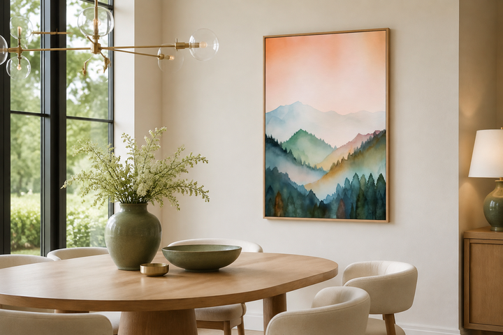 Vertical framed canvas wall art of a pastel mountain landscape in blush pink and green tones.