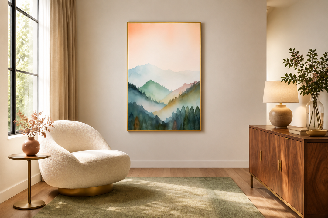 Vertical framed canvas wall art featuring a pastel mountain landscape in blush pink and green.