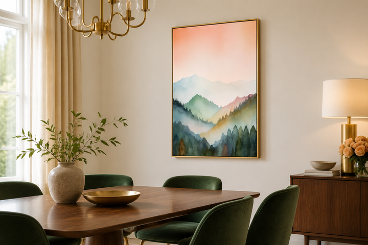 Vertical framed canvas wall art of a pastel mountain landscape in blush pink and green.