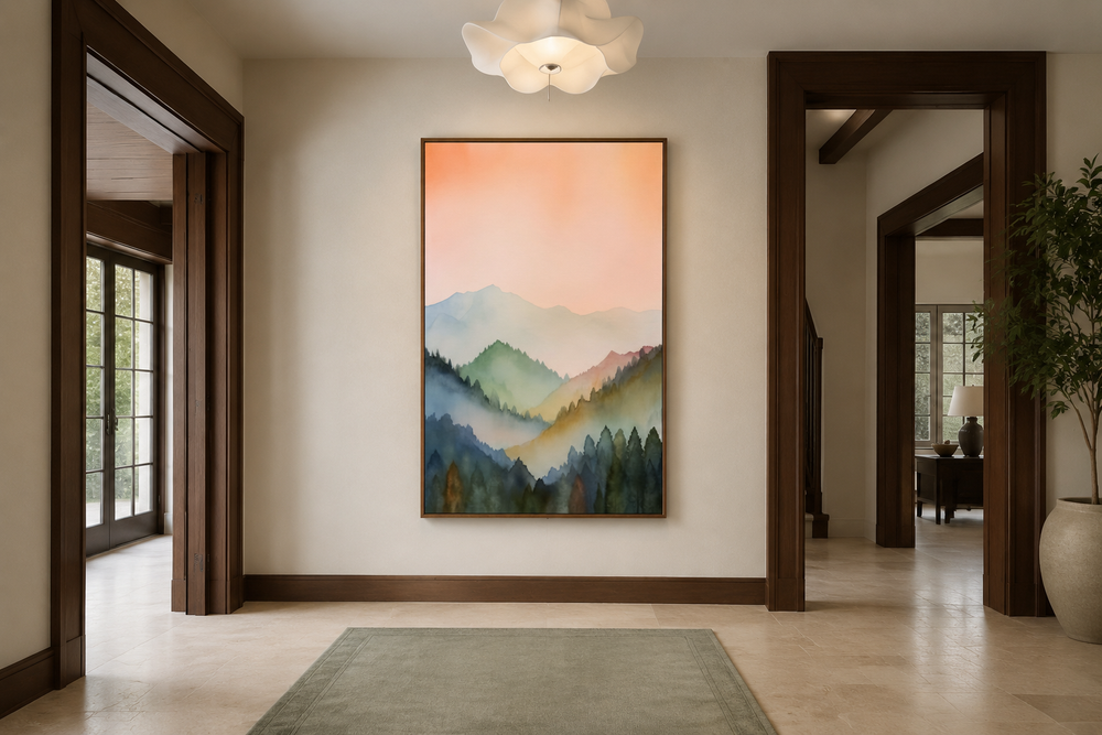 Vertical framed canvas wall art of a pastel mountain landscape in blush pink and green tones.