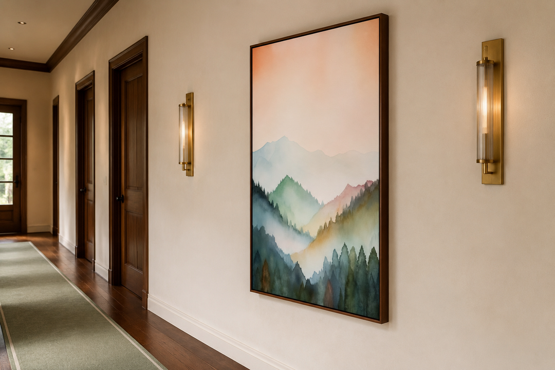 Vertical framed canvas wall art of a pastel mountain landscape in blush pink and green.