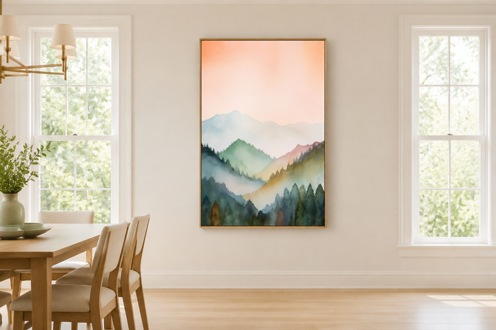 Vertical framed canvas wall art of a pastel mountain landscape in blush pink and green.