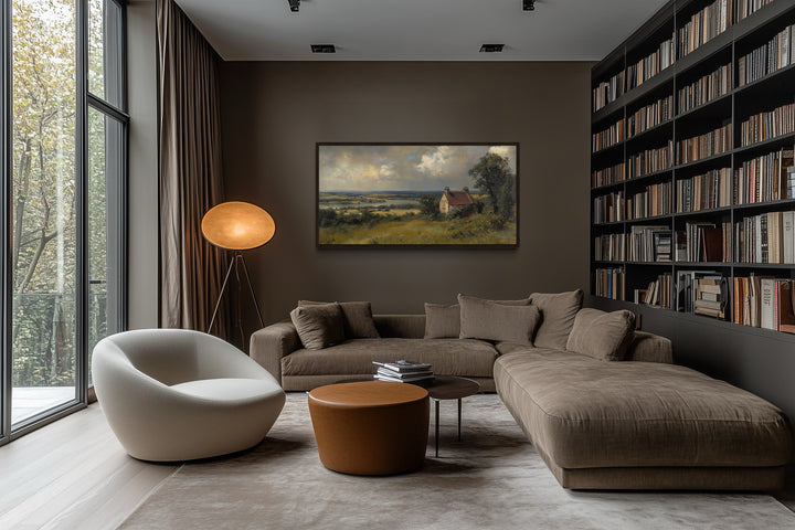 Pastoral Cottage Wall Art – Rustic Canvas Print Framed Landscape for Farmhouse Decor