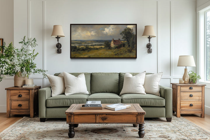 Pastoral Cottage Wall Art – Rustic Canvas Print Framed Landscape for Farmhouse Decor