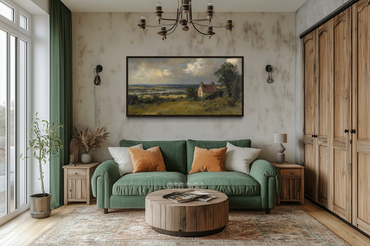 Pastoral Cottage Wall Art – Rustic Canvas Print Framed Landscape for Farmhouse Decor