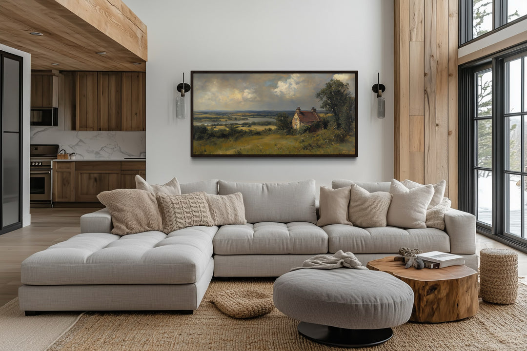 Pastoral Cottage Wall Art – Rustic Canvas Print Framed Landscape for Farmhouse Decor