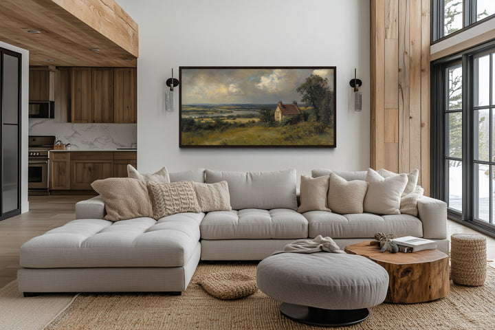 Pastoral Cottage Wall Art – Rustic Canvas Print Framed Landscape for Farmhouse Decor