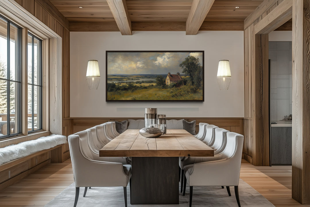 Pastoral Cottage Wall Art – Rustic Canvas Print Framed Landscape for Farmhouse Decor