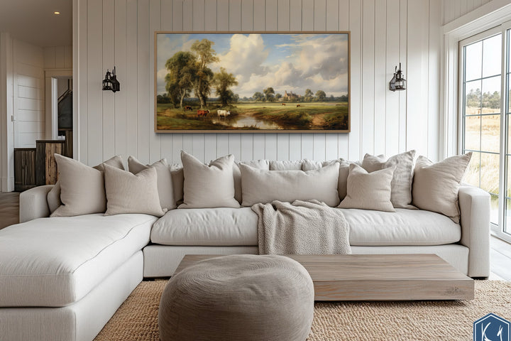 Pastoral Country Landscape | Antique Wall Art - Framed Canvas For Farmhouse Decor