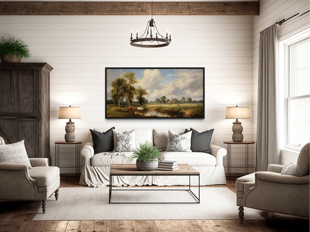 Pastoral Country Landscape | Antique Wall Art - Framed Canvas For Farmhouse Decor